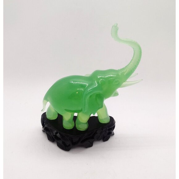 Faux Jade Asian Elephant Figurine on Base Vintage Trunk Up Green Decor - Picture 3 of 7